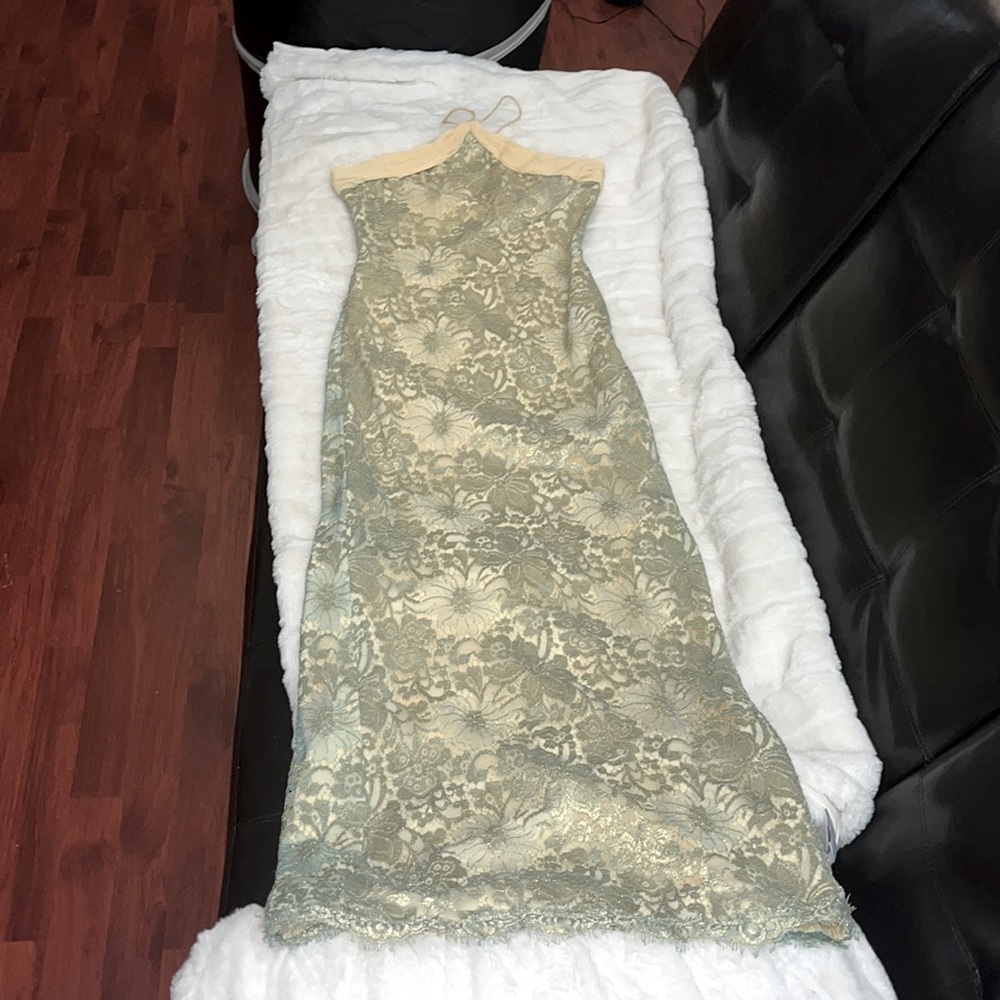 CHRIS KOLE lace strapless gown in gold